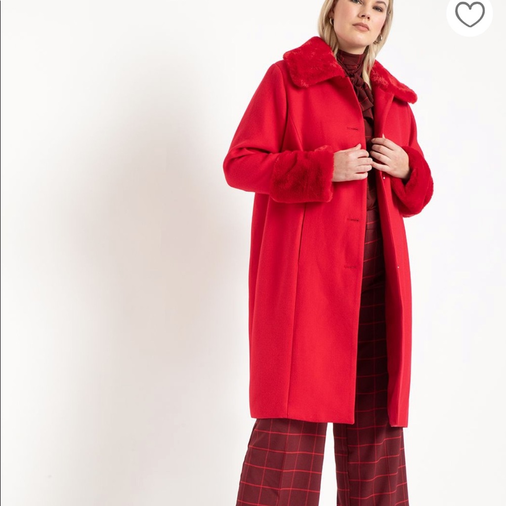 Eloquii Plus Sized Red Coat with Faux Fur Detail